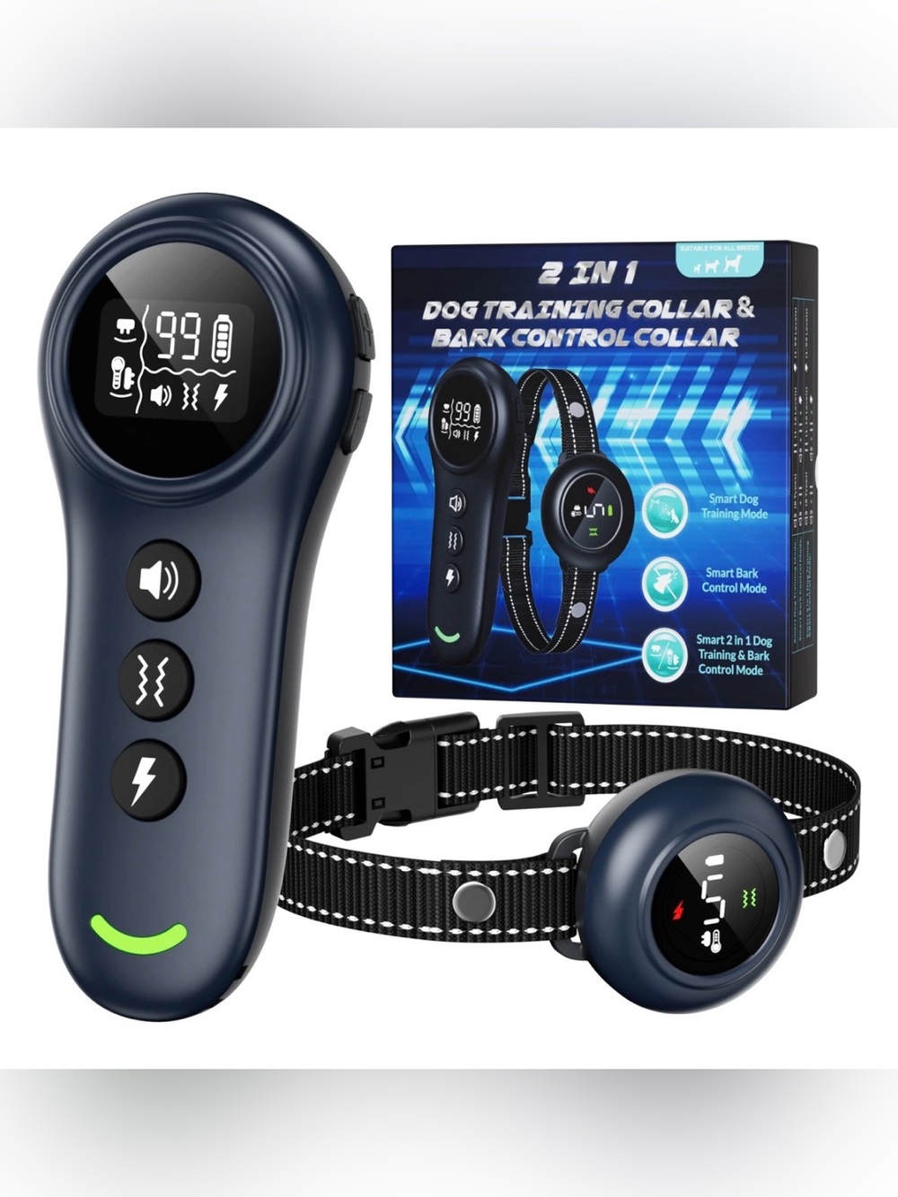 Dog Training & Bark Control Collar - Navy Blue 2-in-1 Remote Trainer
